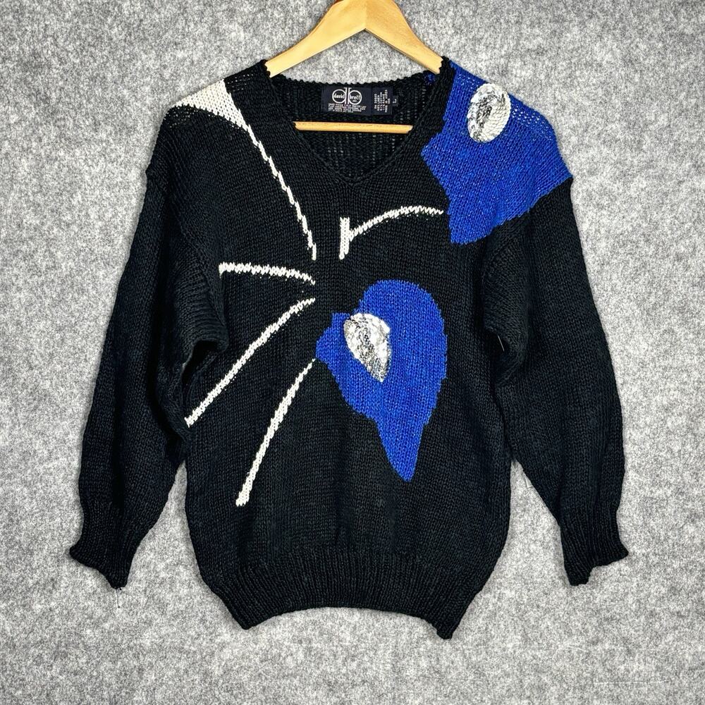 Vintage David Brett 80s Glam Linen Blend Sequin Sweater Womens L Bold Maximalist